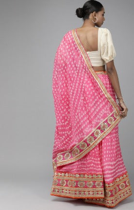 Pink Bandhani Patchwork Art Silk Lehenga Set With Dupatta