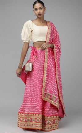 Pink Bandhani Patchwork Art Silk Lehenga Set With Dupatta