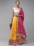 Yellow & Pink Bandhani Patchwork Art Silk Lehenga Set With Dupatta