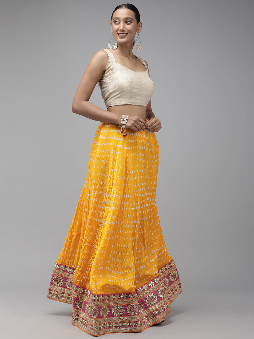 Yellow & Pink Bandhani Patchwork Art Silk Lehenga Set With Dupatta