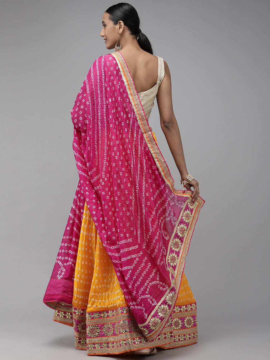 Yellow & Pink Bandhani Patchwork Art Silk Lehenga Set With Dupatta
