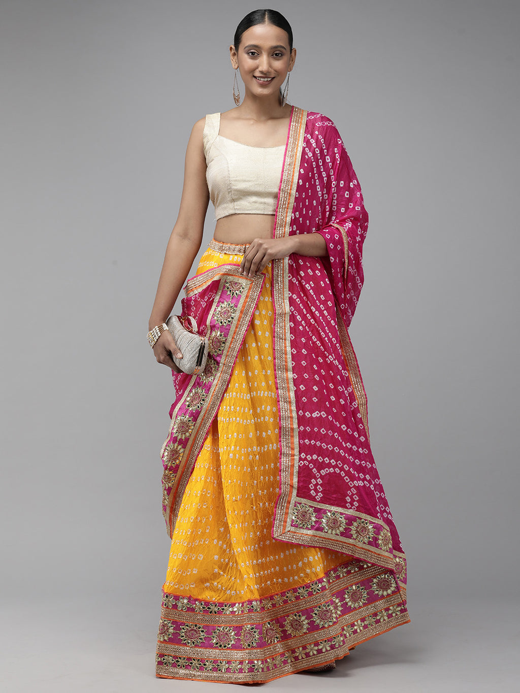 Yellow & Pink Bandhani Patchwork Art Silk Lehenga Set With Dupatta