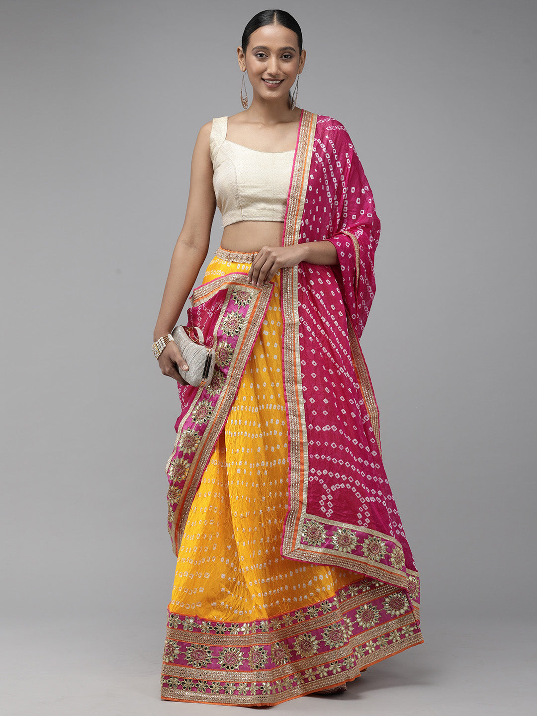 Yellow & Pink Bandhani Patchwork Art Silk Lehenga Set With Dupatta