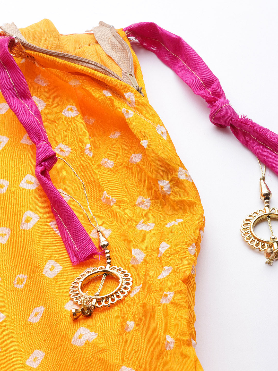 Yellow & Pink Bandhani Patchwork Art Silk Lehenga Set With Dupatta