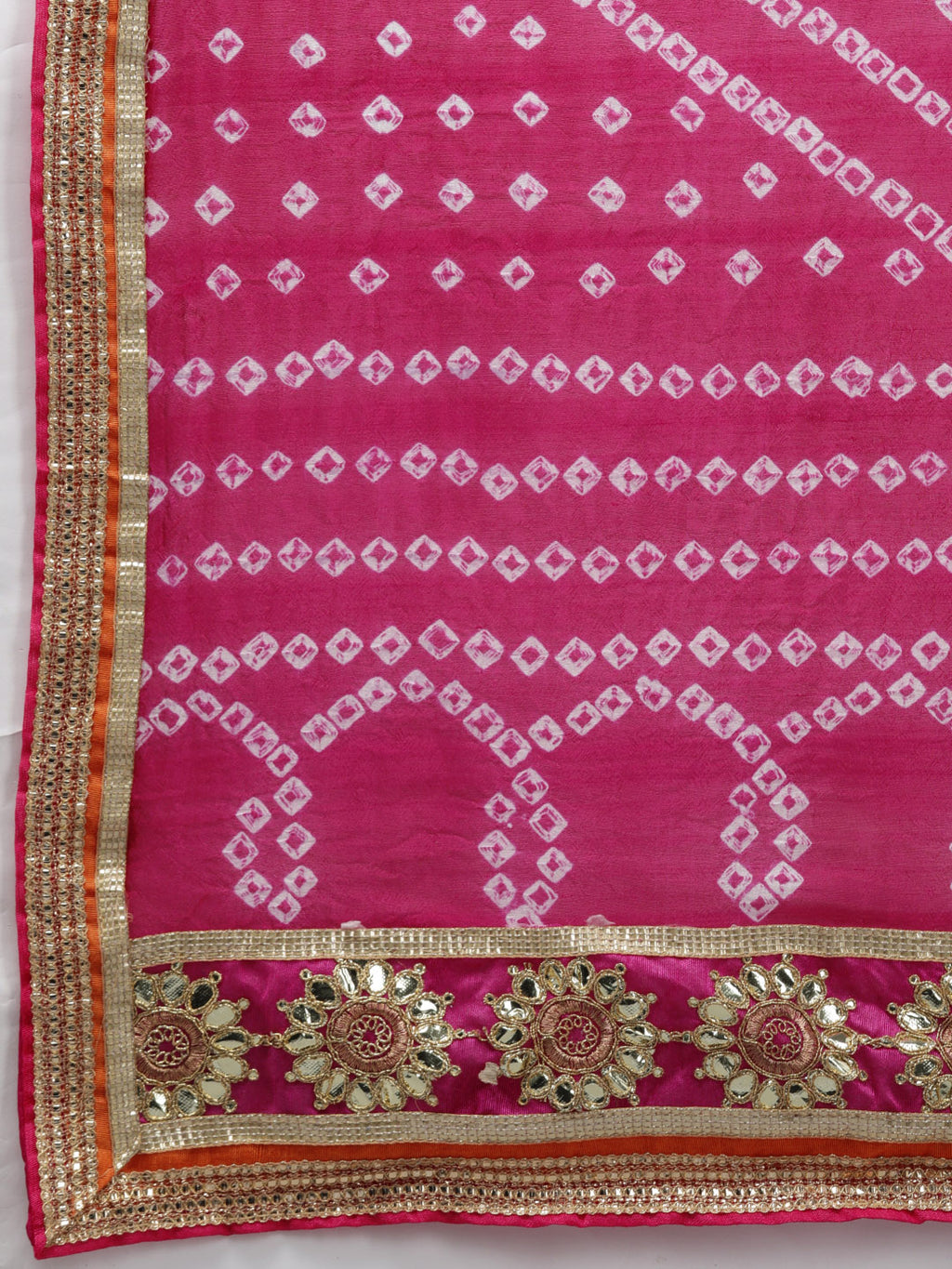 Yellow & Pink Bandhani Patchwork Art Silk Lehenga Set With Dupatta