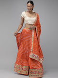 Orange Patchwork Bandhani Art Silk Lehenga Set With Dupatta