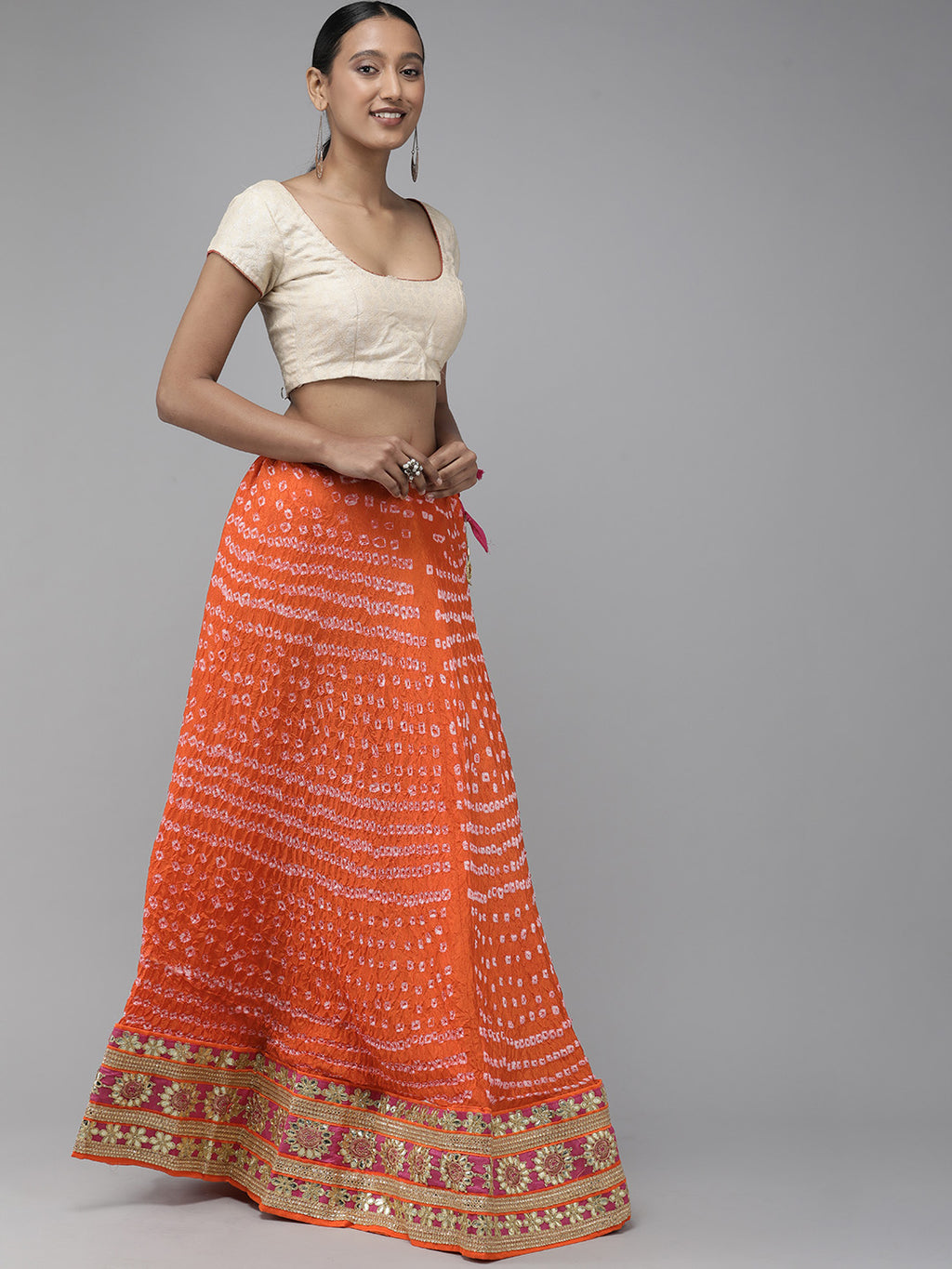 Orange Patchwork Bandhani Art Silk Lehenga Set With Dupatta