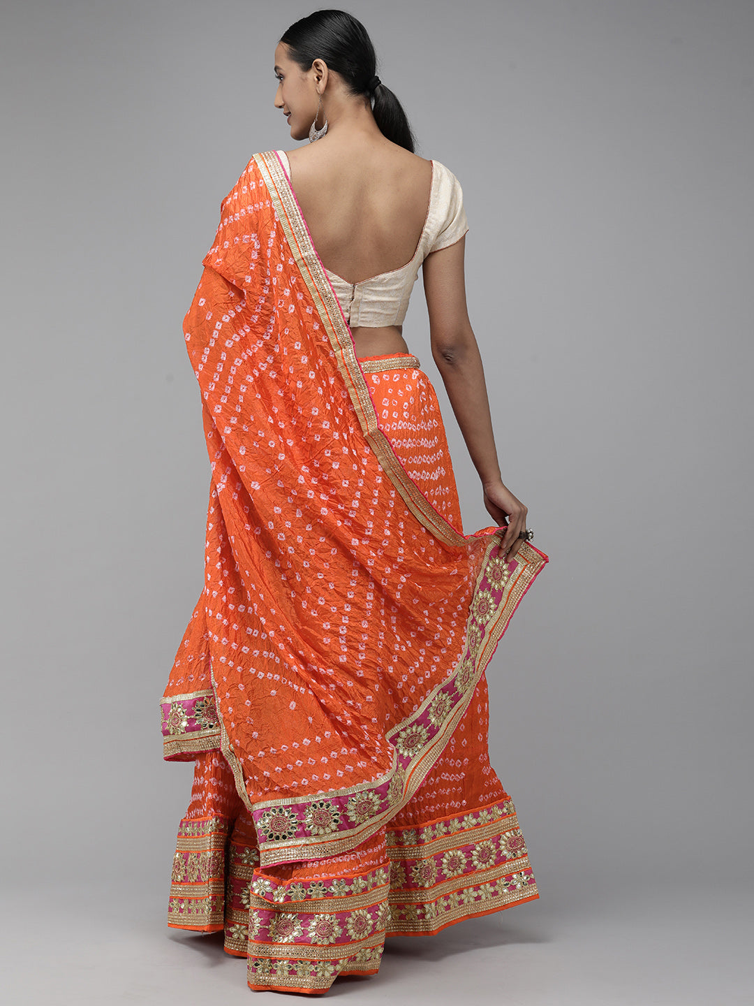 Orange Patchwork Bandhani Art Silk Lehenga Set With Dupatta