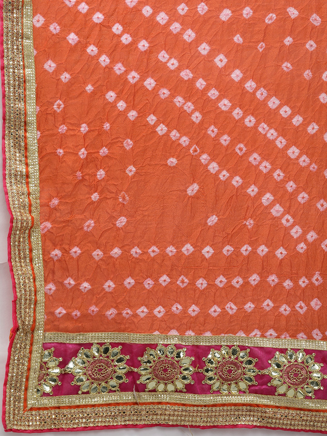 Orange Patchwork Bandhani Art Silk Lehenga Set With Dupatta