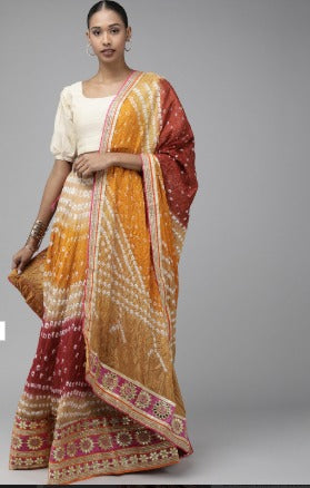 Multicoloured Hand Bandhani Silk Ready Lehenga, Unstitched Blouse & Dupatta