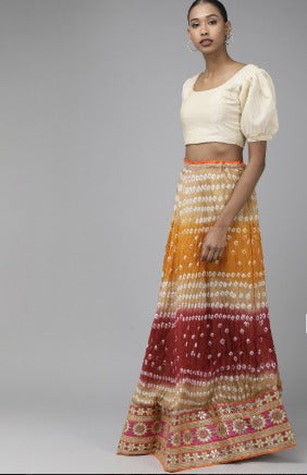 Multicoloured Hand Bandhani Silk Ready Lehenga, Unstitched Blouse & Dupatta