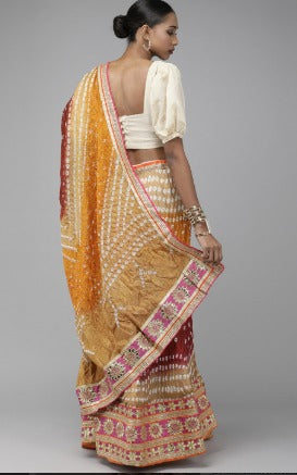 Multicoloured Hand Bandhani Silk Ready Lehenga, Unstitched Blouse & Dupatta