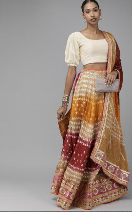 Multicoloured Hand Bandhani Silk Ready Lehenga, Unstitched Blouse & Dupatta