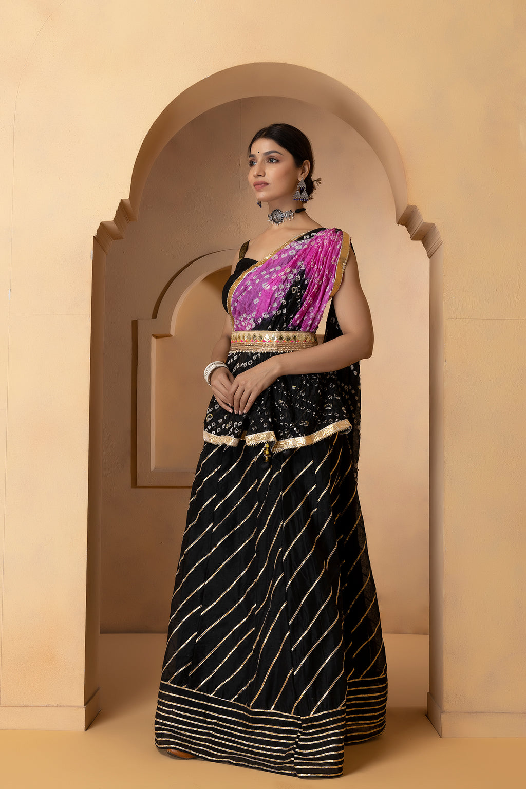Black Handcrafted Chanderi Lehenga Set With Gota Work