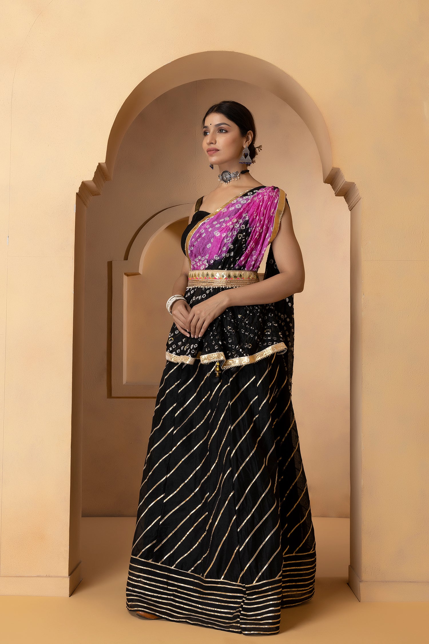 Black Handcrafted Chanderi Lehenga Set With Gota Work