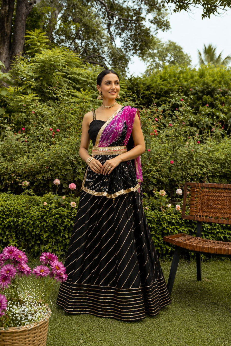 Black Handcrafted Chanderi Lehenga Set With Gota Work