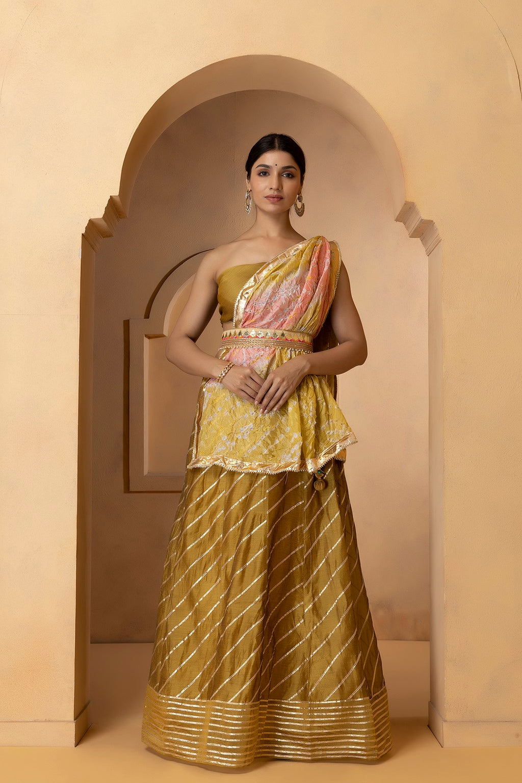 Golden Handcrafted Chanderi Lehenga Set With Gota Work