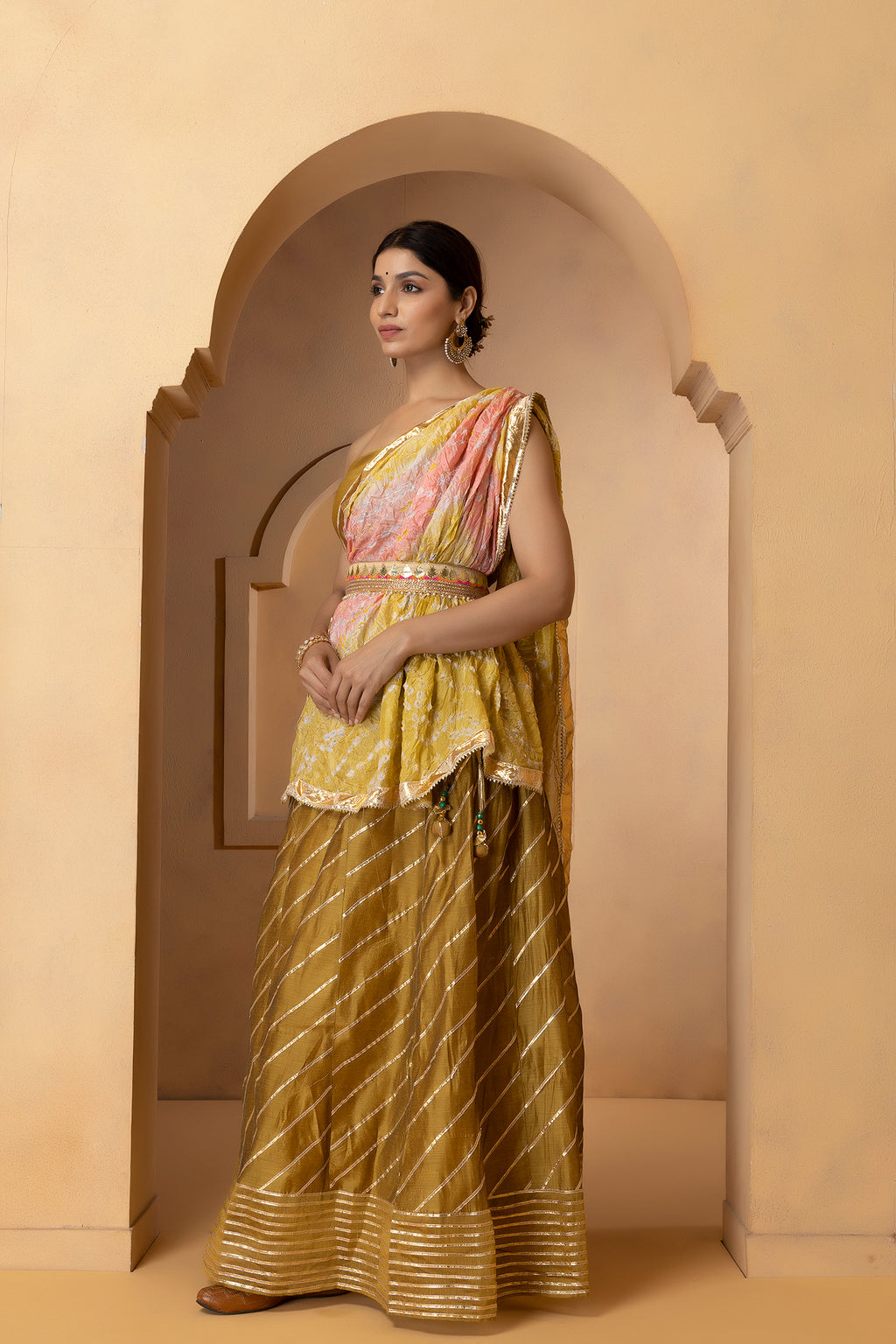 Golden Handcrafted Chanderi Lehenga Set With Gota Work