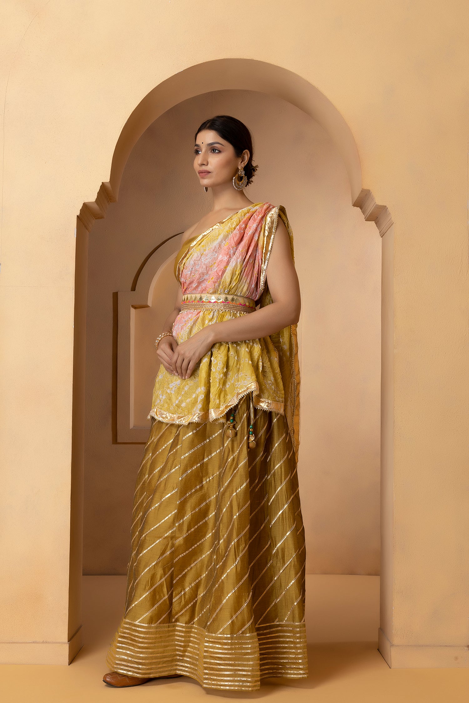 Golden Handcrafted Chanderi Lehenga Set With Gota Work