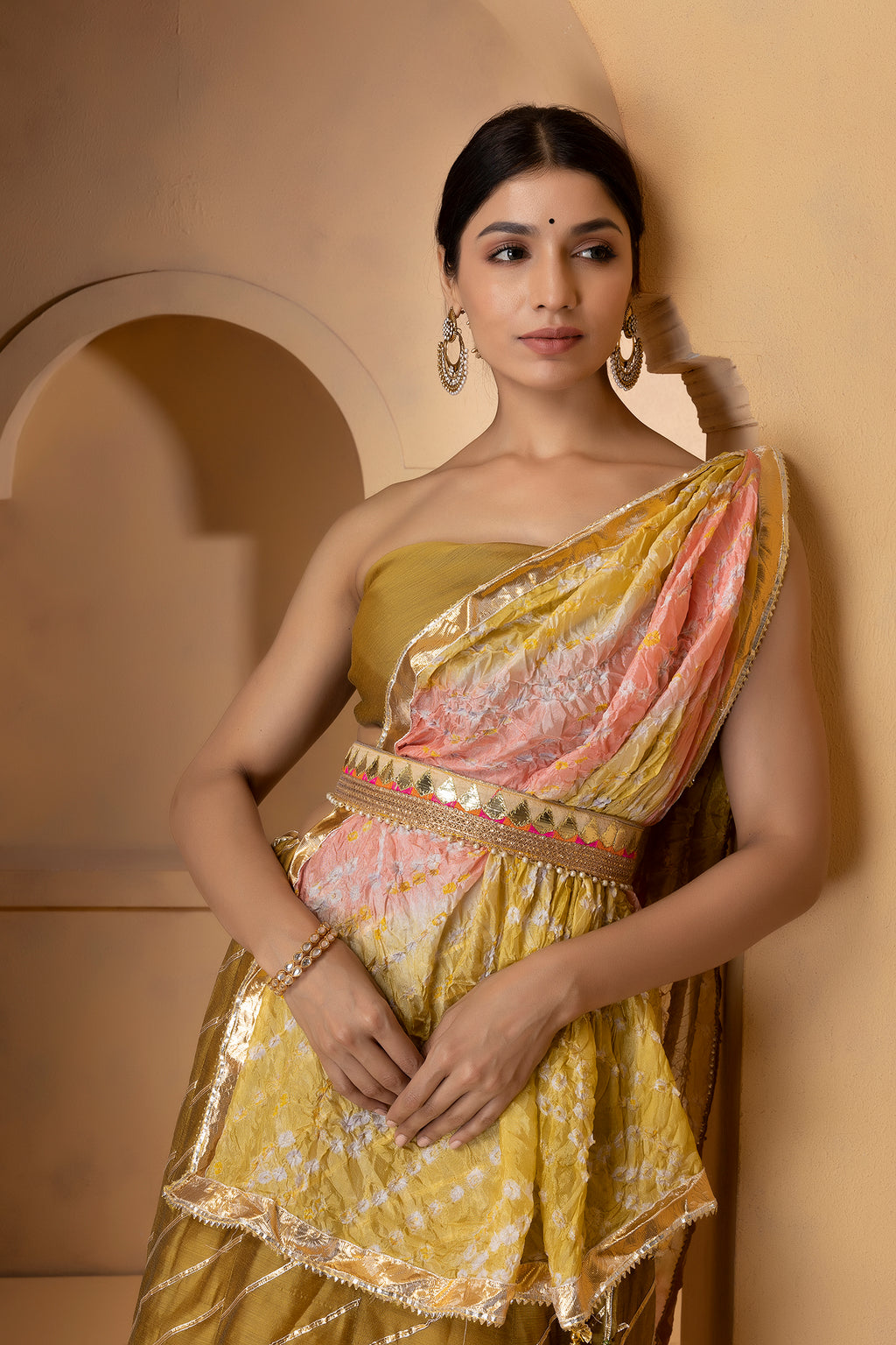 Golden Handcrafted Chanderi Lehenga Set With Gota Work