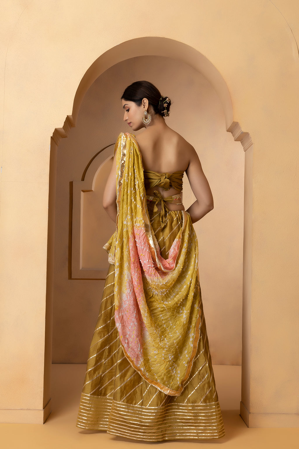Golden Handcrafted Chanderi Lehenga Set With Gota Work