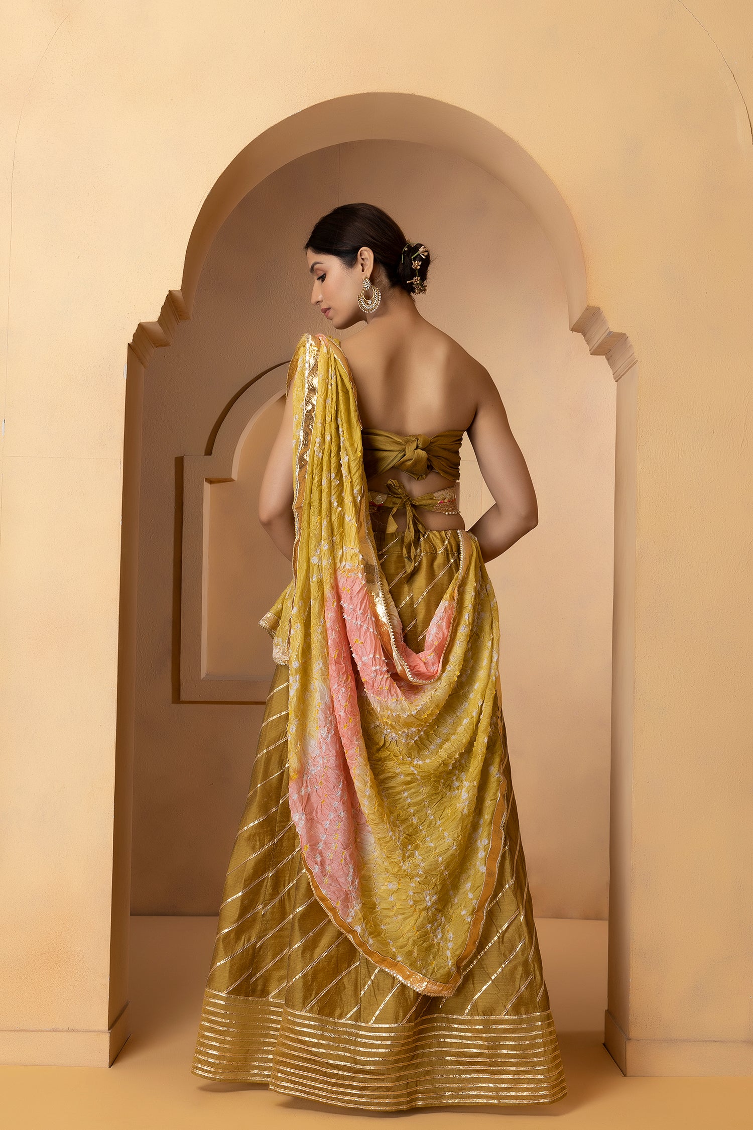 Golden Handcrafted Chanderi Lehenga Set With Gota Work