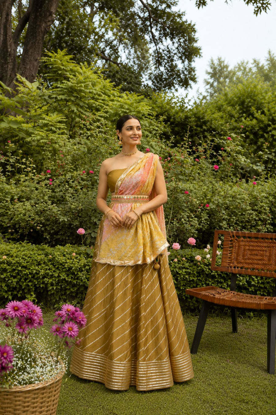 Golden Handcrafted Chanderi Lehenga Set With Gota Work