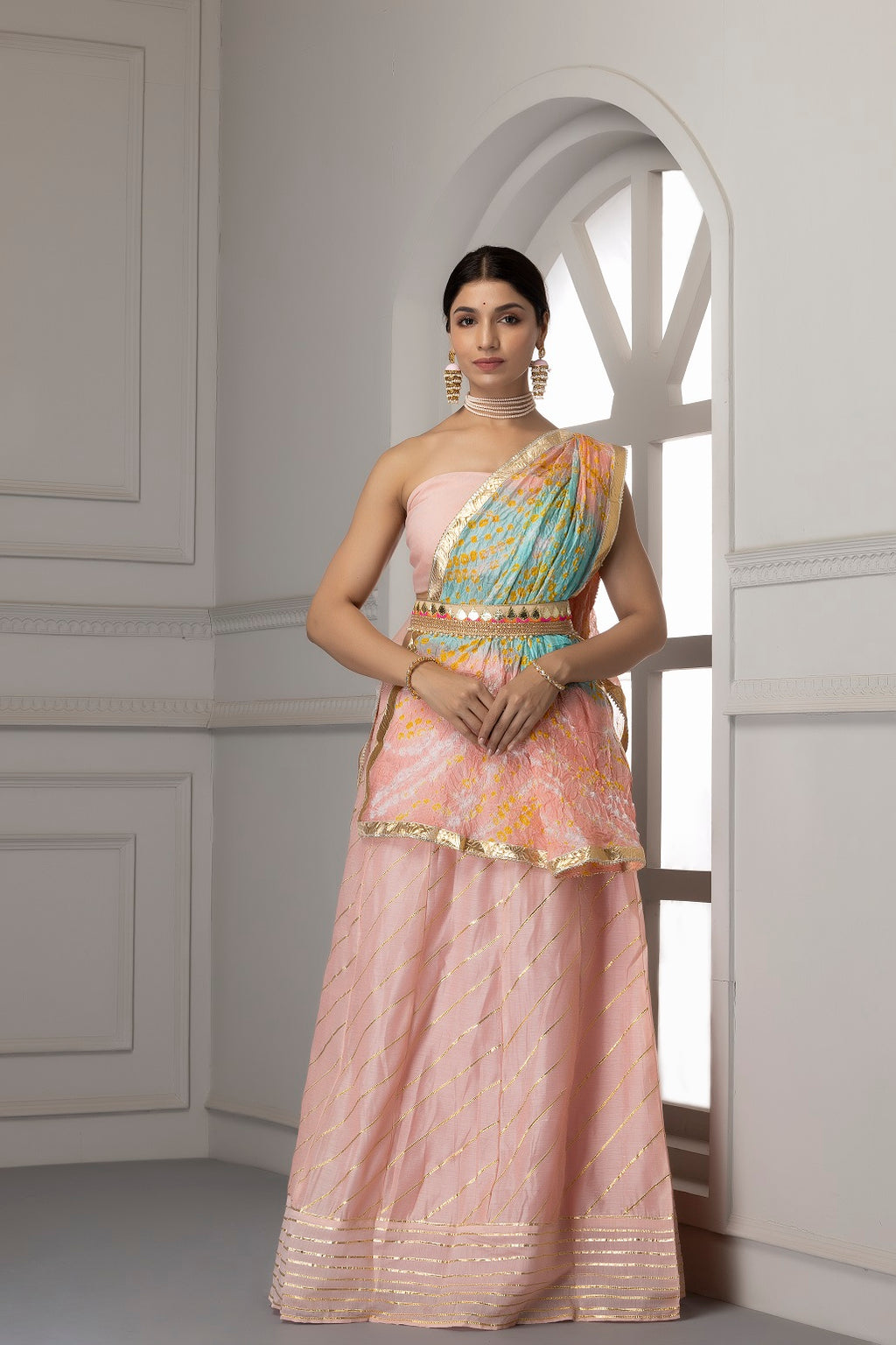 Pastel Pink Handcrafted Chanderi Lehenga Set With Gota Work