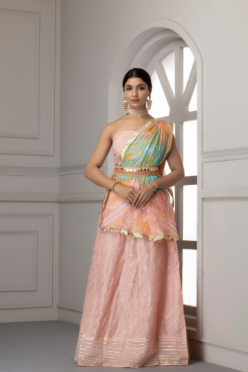 Pastel Pink Handcrafted Chanderi Lehenga Set With Gota Work