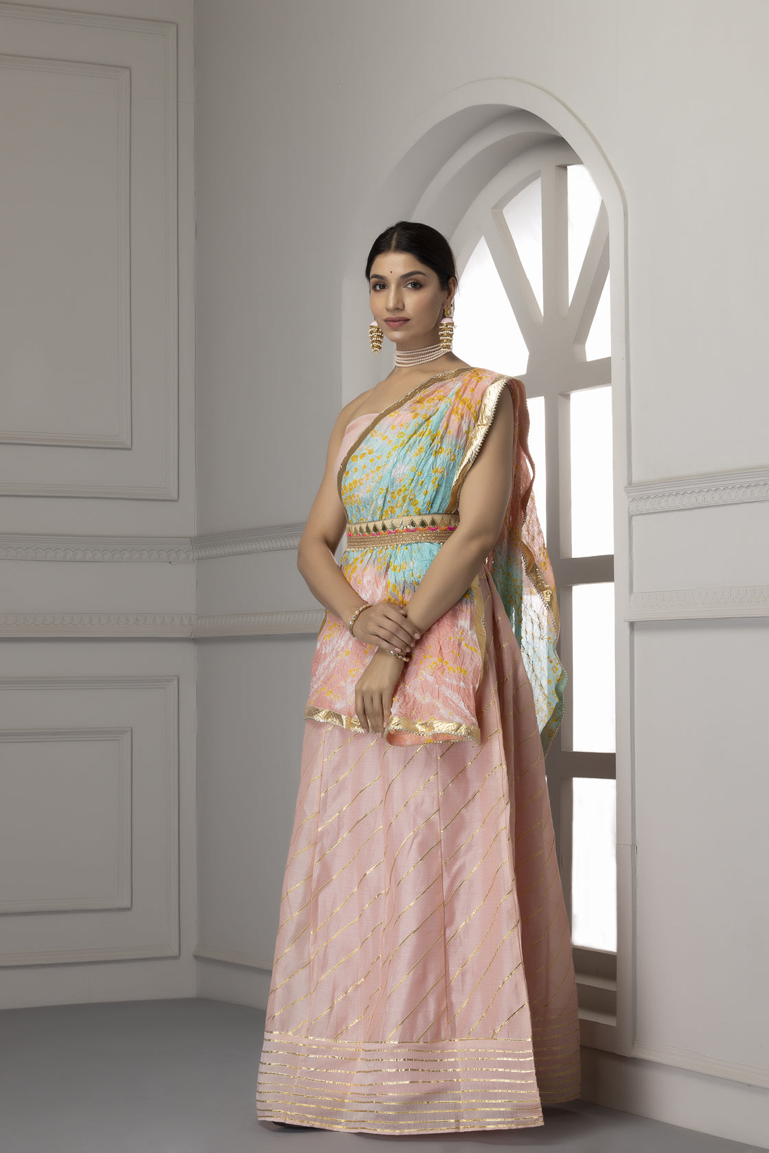 Pastel Pink Handcrafted Chanderi Lehenga Set With Gota Work