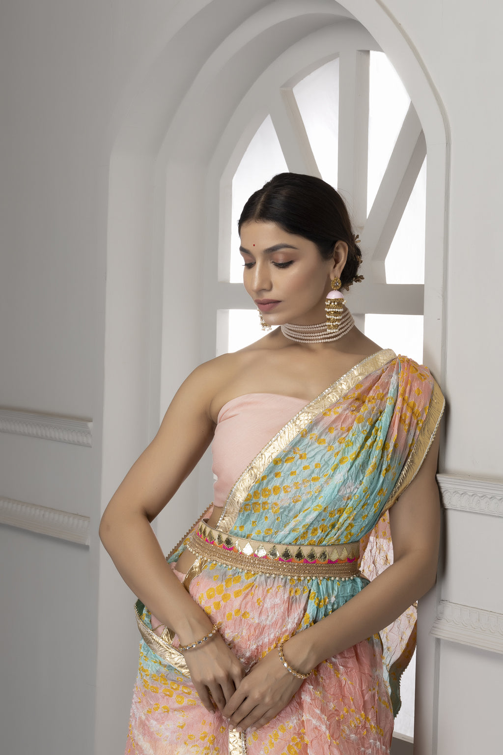 Pastel Pink Handcrafted Chanderi Lehenga Set With Gota Work