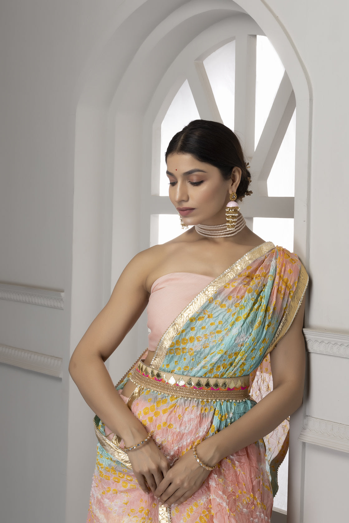 Pastel Pink Handcrafted Chanderi Lehenga Set With Gota Work