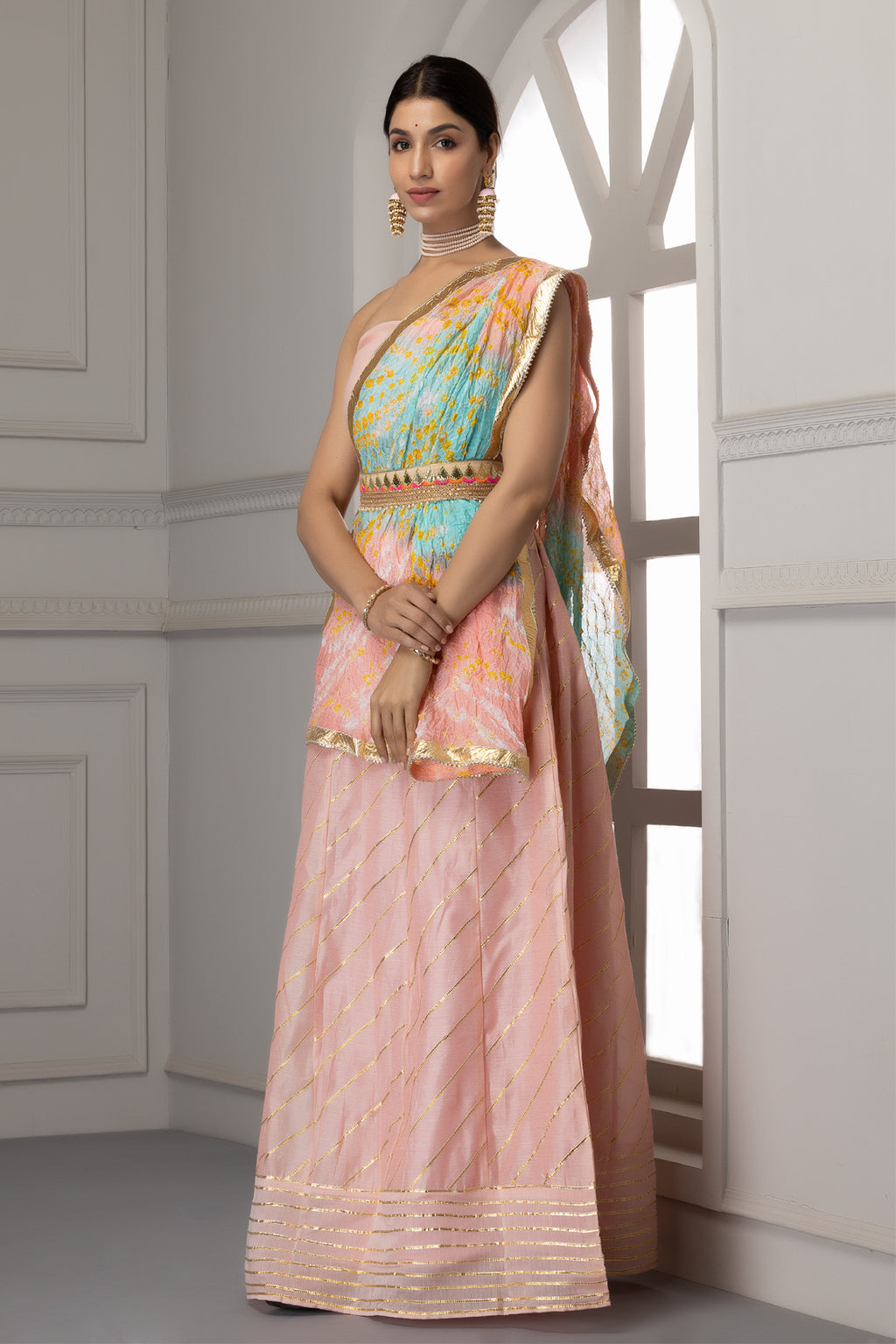 Pastel Pink Handcrafted Chanderi Lehenga Set With Gota Work