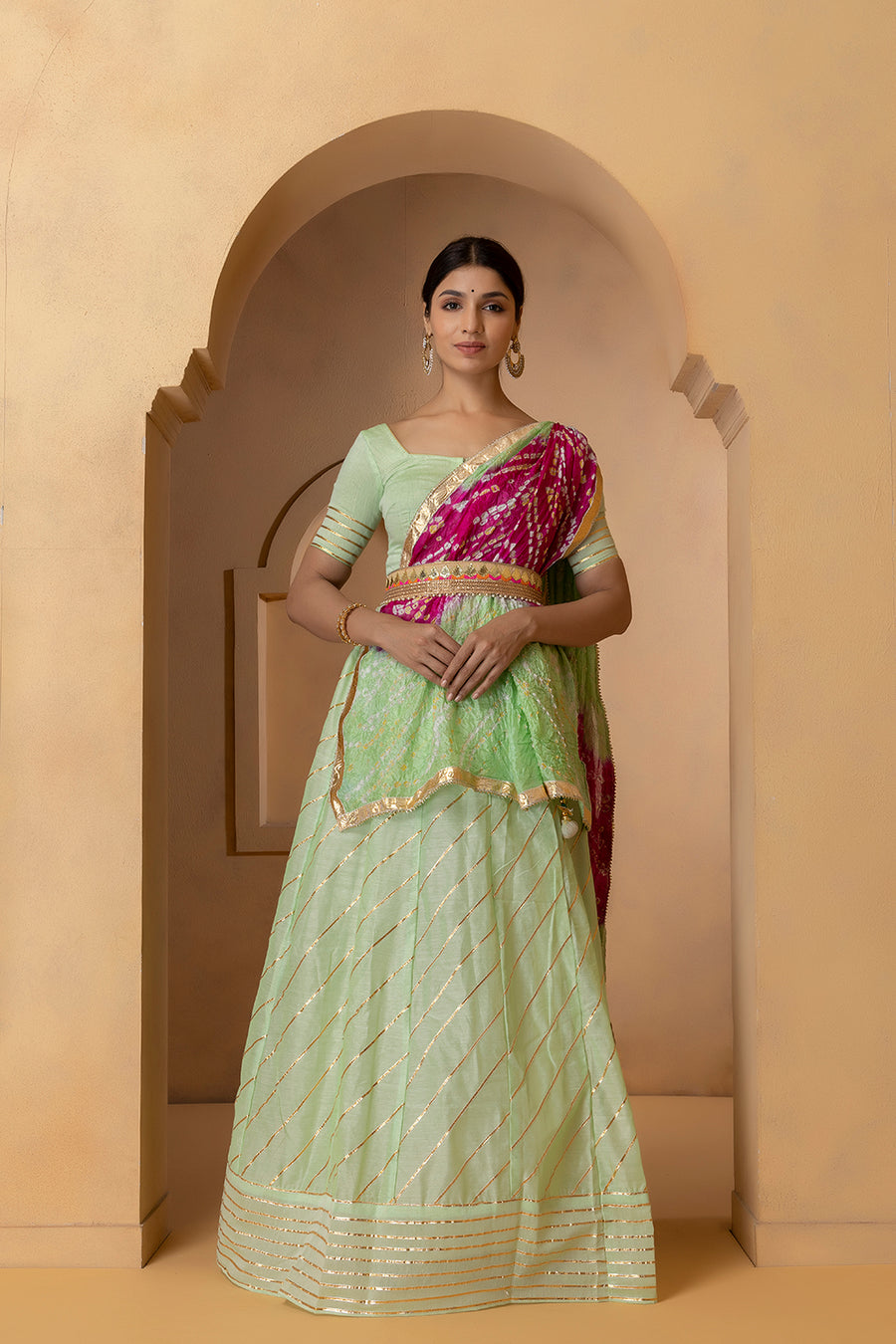Pastel Green Handcrafted Chanderi Lehenga Set With Gota Work