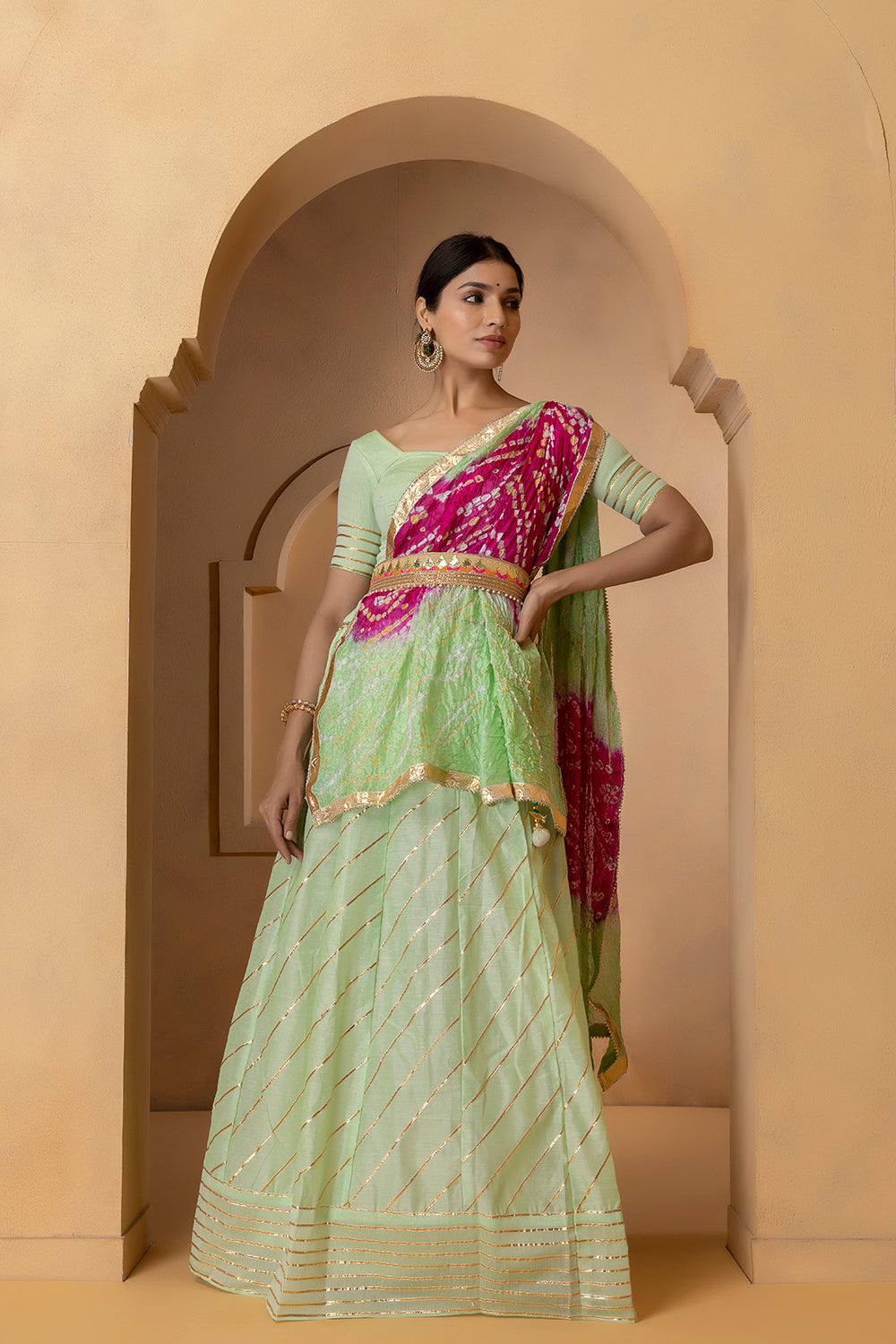 Pastel Green Handcrafted Chanderi Lehenga Set With Gota Work