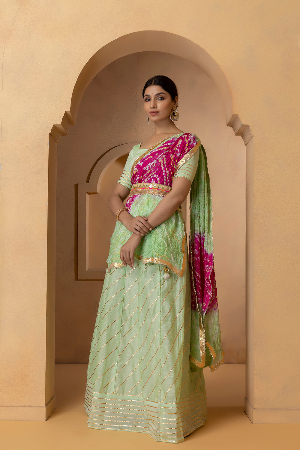 Pastel Green Handcrafted Chanderi Lehenga Set With Gota Work