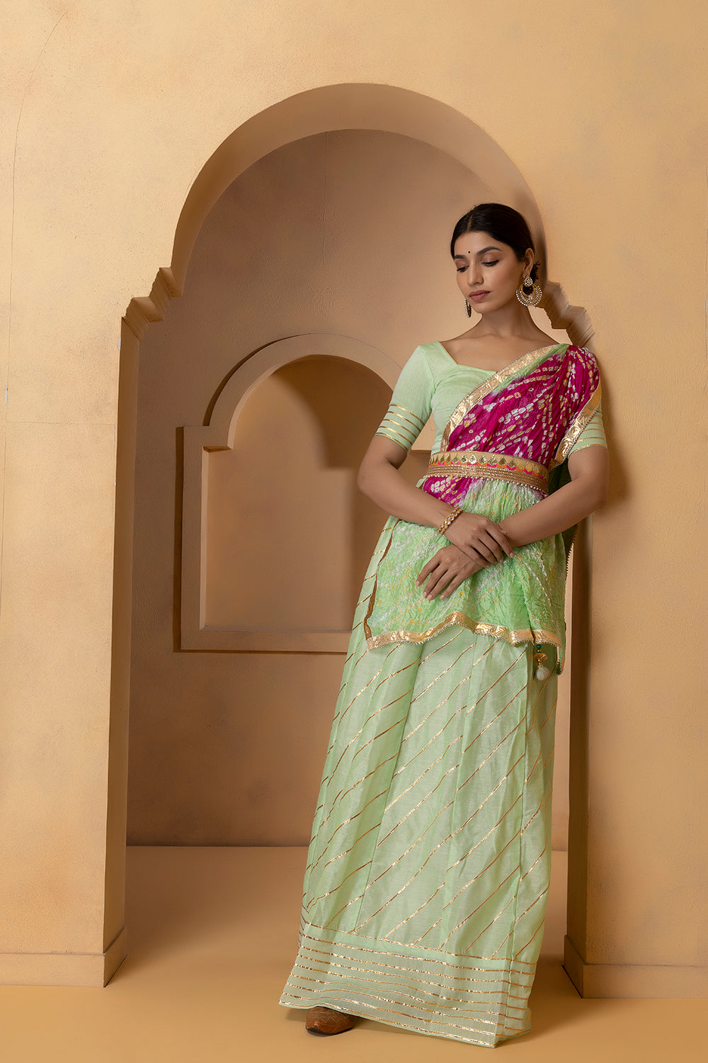 Pastel Green Handcrafted Chanderi Lehenga Set With Gota Work
