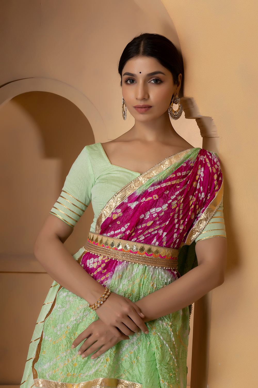 Pastel Green Handcrafted Chanderi Lehenga Set With Gota Work