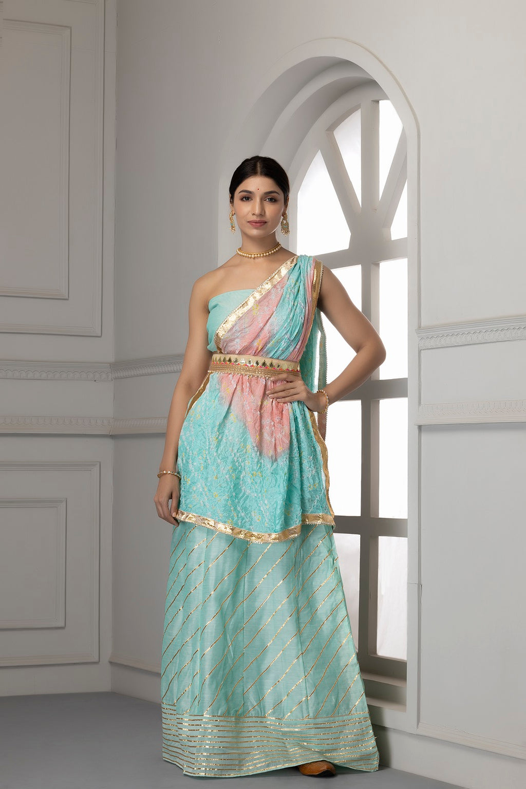 Light Blue Handcrafted Chanderi Lehenga Set With Gota Work
