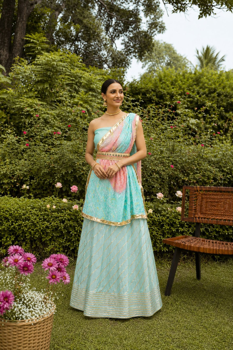 Light Blue Handcrafted Chanderi Lehenga Set With Gota Work