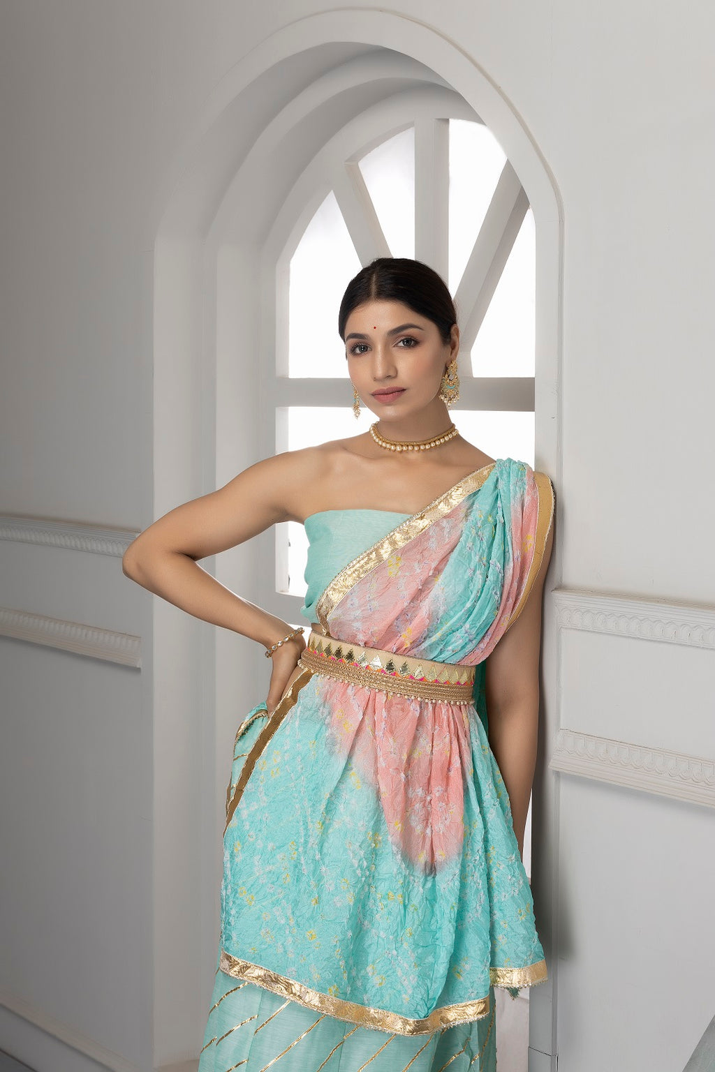 Light Blue Handcrafted Chanderi Lehenga Set With Gota Work
