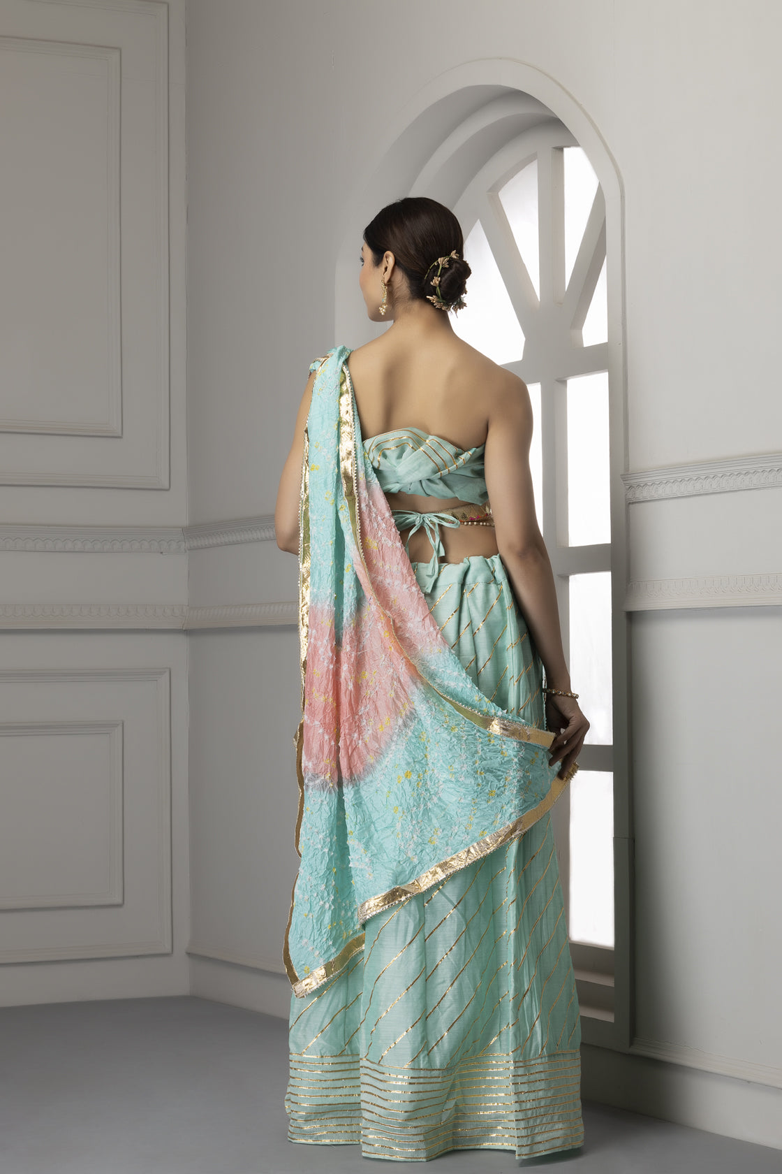 Light Blue Handcrafted Chanderi Lehenga Set With Gota Work