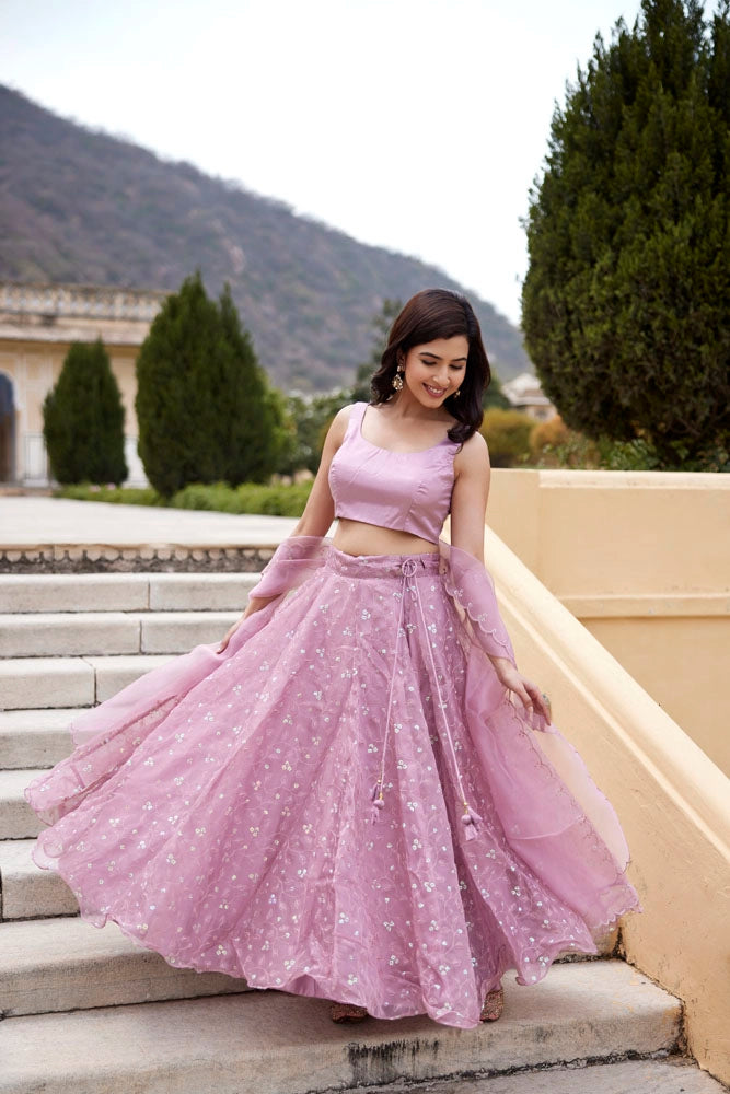 Onion Pink Sequins Embroidered Organza Lehenga Set