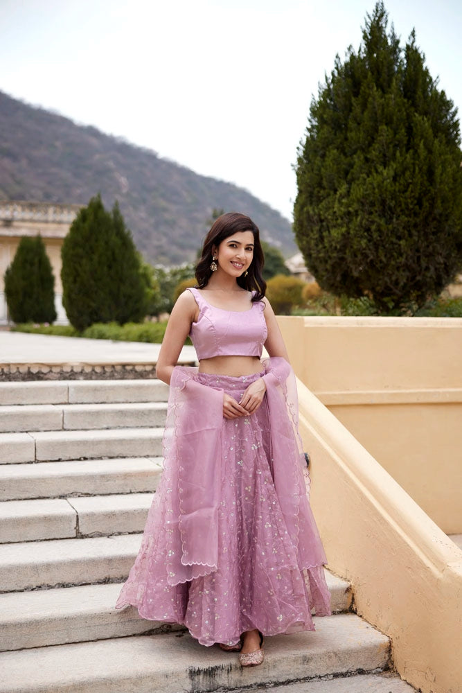 Onion Pink Sequins Embroidered Organza Lehenga Set