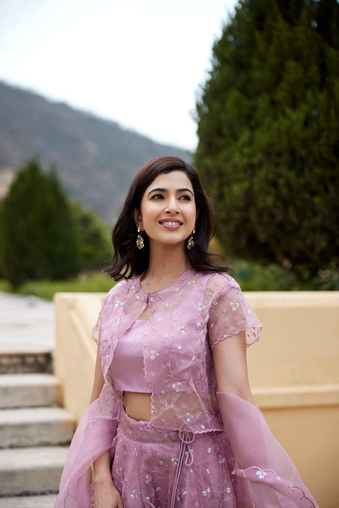 Onion Pink Sequins Embroidered Organza Lehenga Set