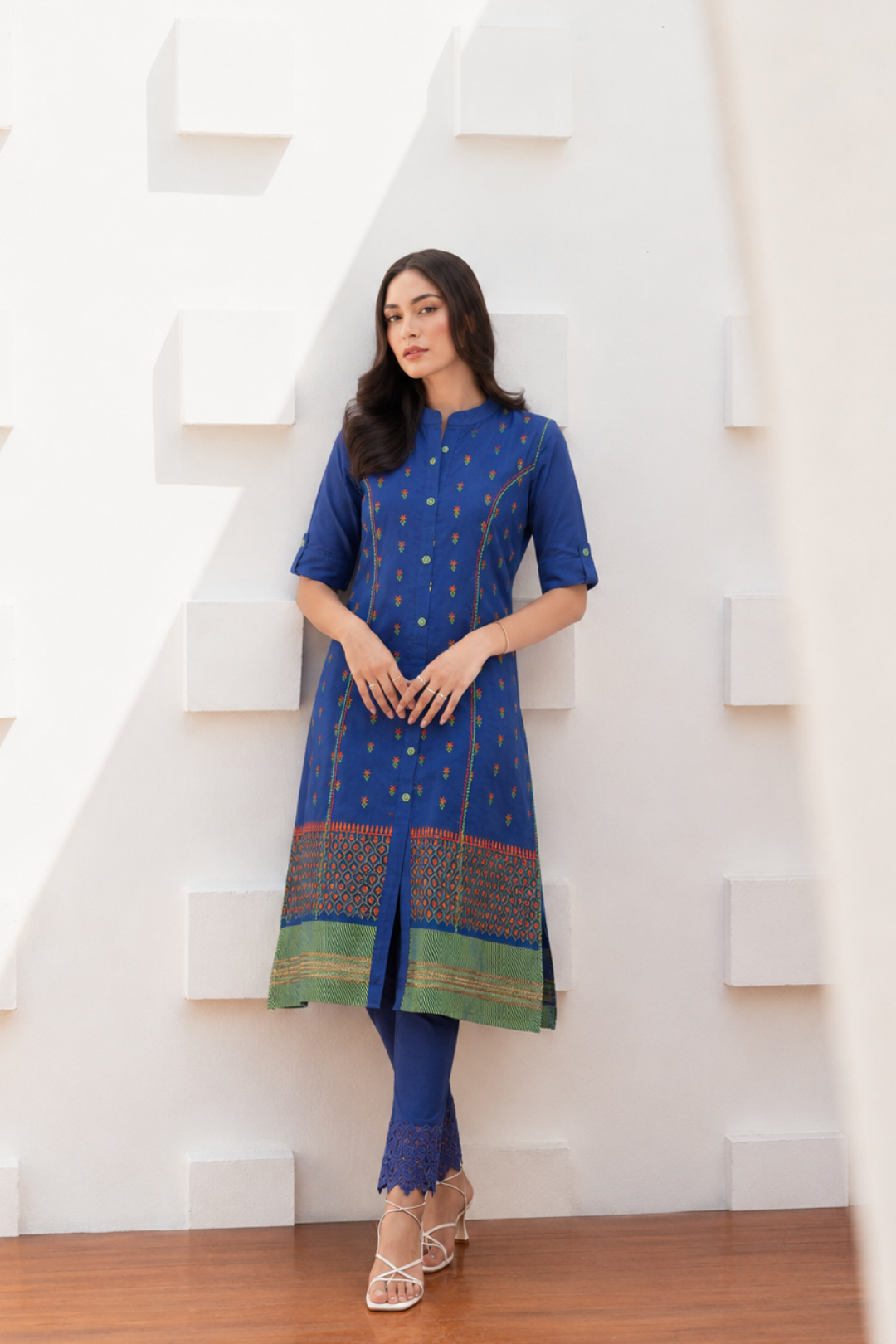 Blue Ethnic motifs Embroidered Mandarin Collar Pure Cotton A-Line Kurta