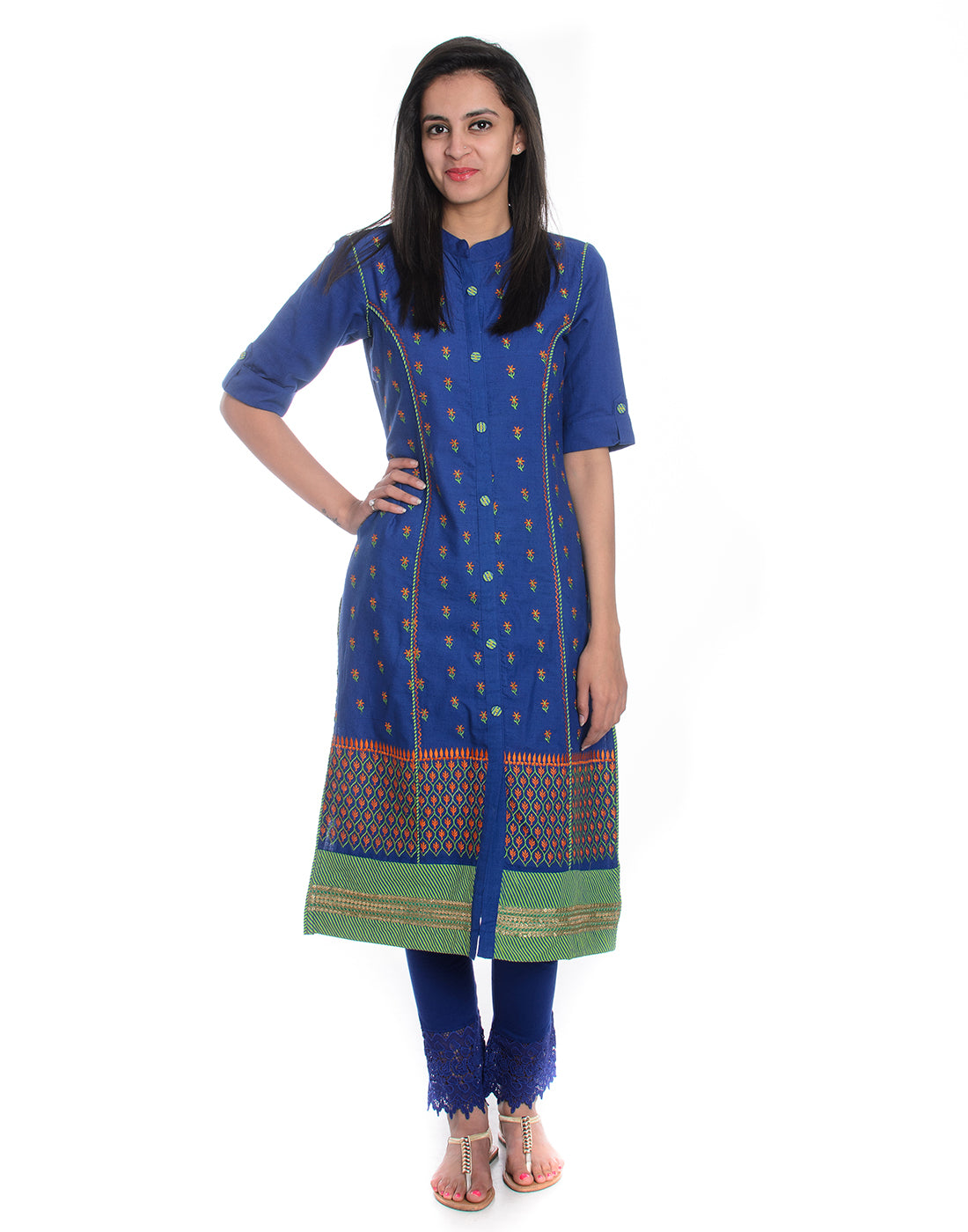 Blue Ethnic motifs Embroidered Mandarin Collar Pure Cotton A-Line Kurta