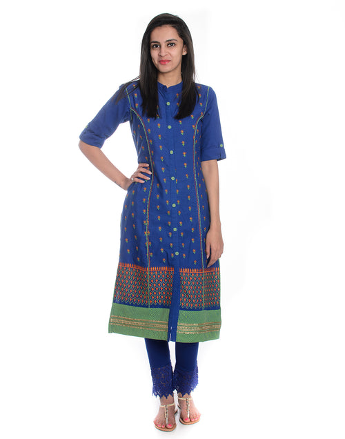 Blue Ethnic motifs Embroidered Mandarin Collar Pure Cotton A-Line Kurta