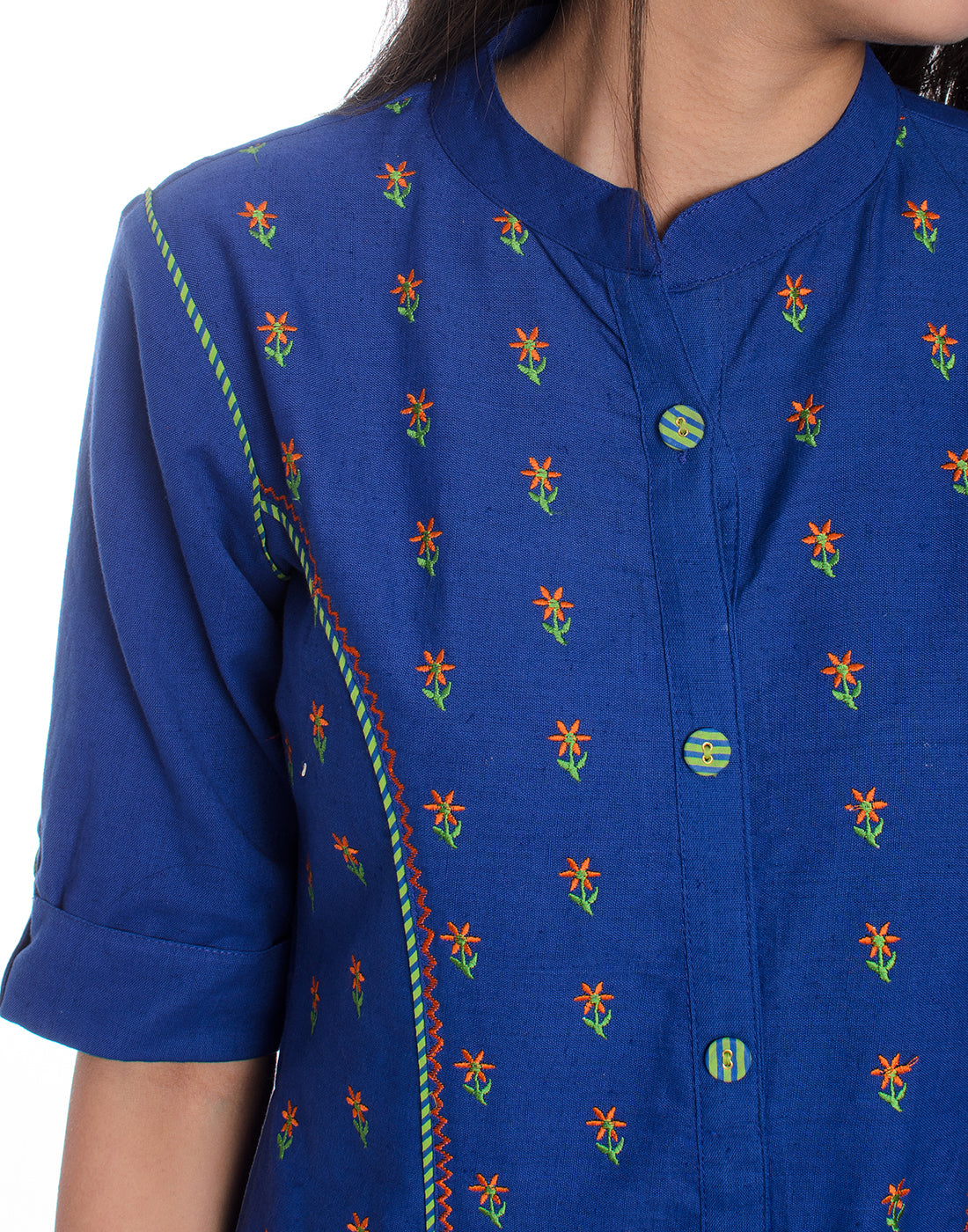 Blue Ethnic motifs Embroidered Mandarin Collar Pure Cotton A-Line Kurta