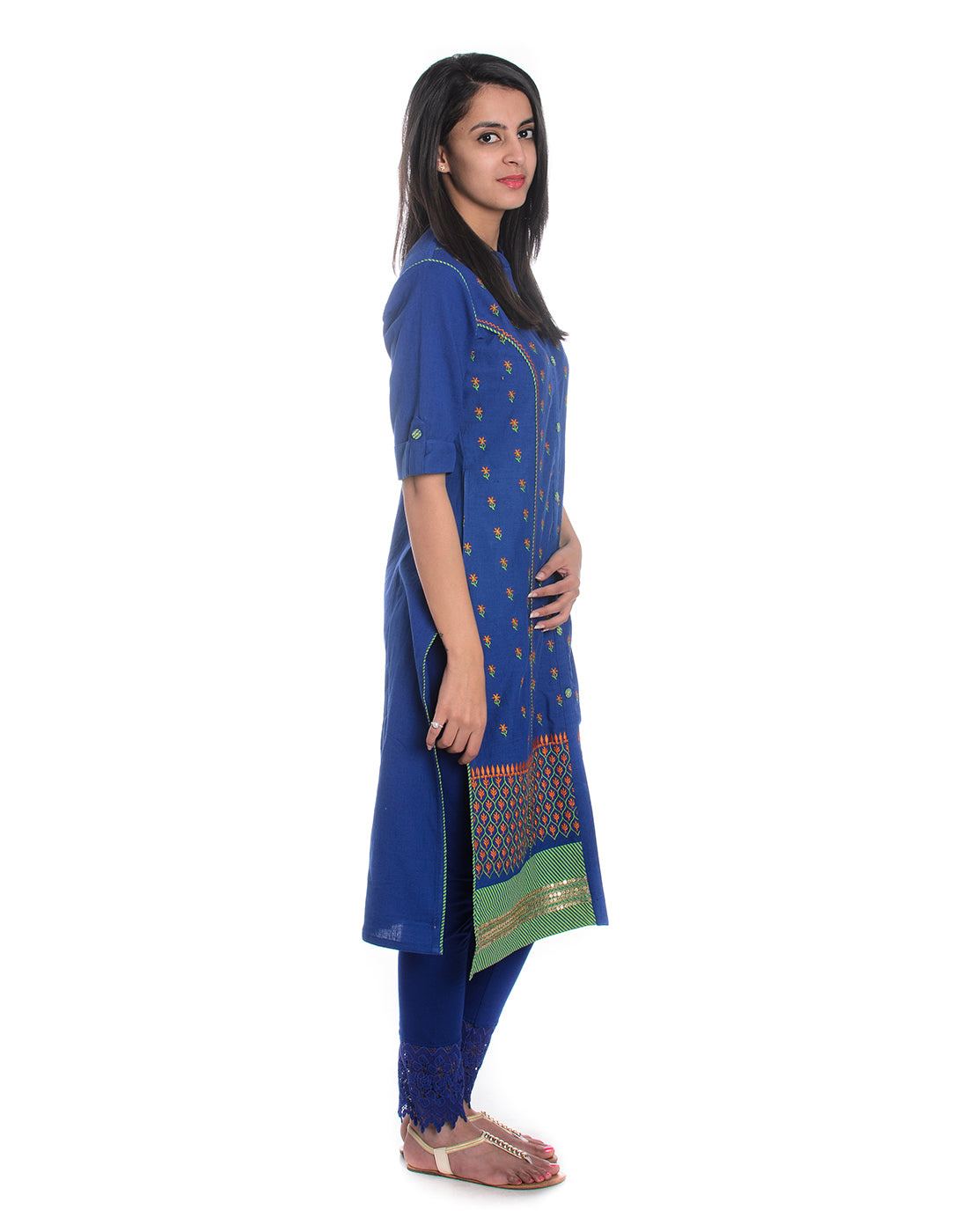 Blue Ethnic motifs Embroidered Mandarin Collar Pure Cotton A-Line Kurta